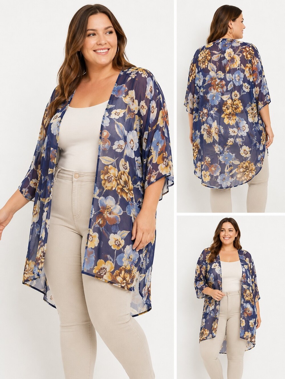 Maurices Blue Floral Sheer Kimono with Yellow Accents